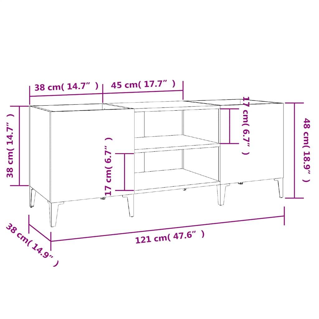 vidaXL Plattenschrank Grau Sonoma 121x38x48 cm Holzwerkstoff
