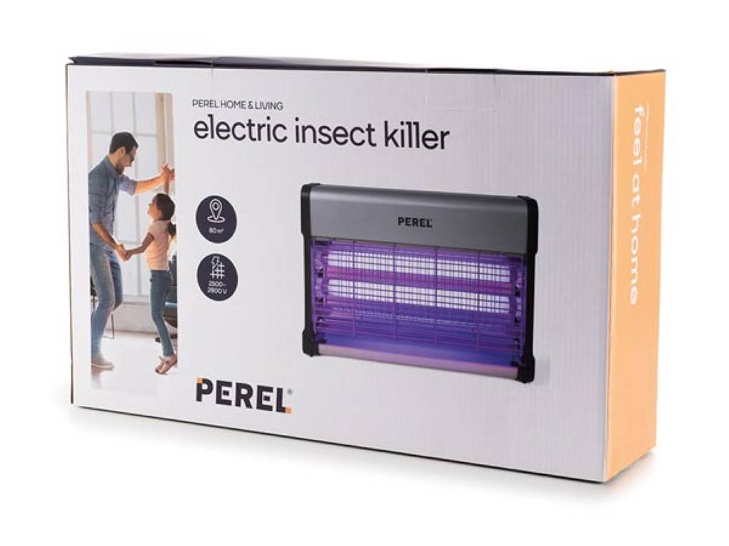 Perel Insektenvernichter, elektrisch, UV-LED, Hochspannungsgitter 2800 V, abnehmbare Auffangschale, 80 m², Metall