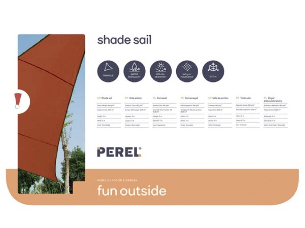 Perel Sonnensegel, wasserabweisend, 5 x 5 x 5 m, 160 g/m², Polyester, Dreieck, Terracotta
