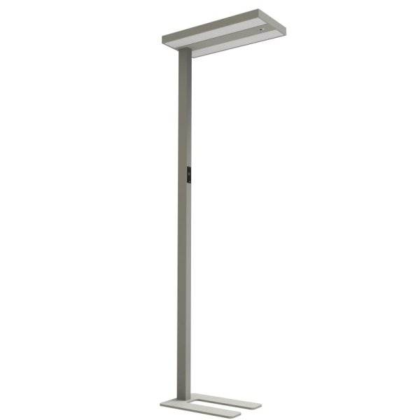 Graue, moderne Stehlampe mit rechteckigem Lampenschirm und stabilem Standfuß. Ideal für zeitgenössische Innenräume.