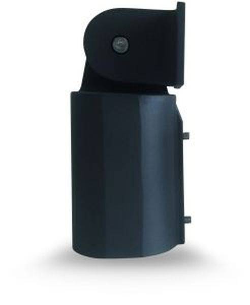 Schwarzes, zylinderförmiges Scharnier mit rechteckiger Oberseite und Schraubenloch für Möbel- oder Türmontage.