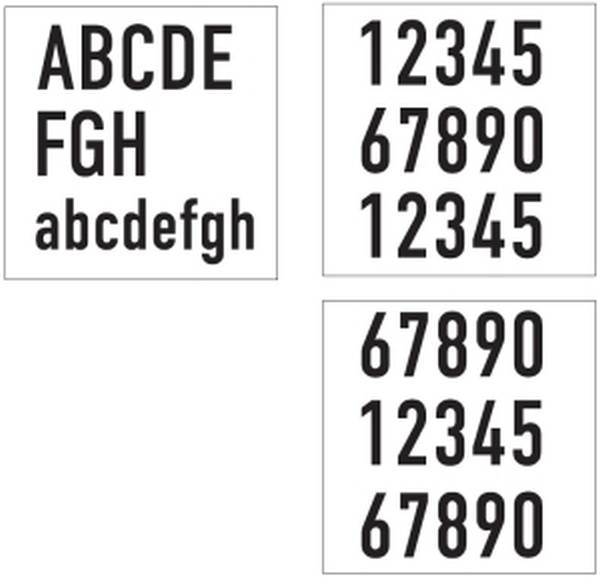 Drei Kästchen zeigen alphabetische und numerische Zeichen in verschiedenen Formatierungen: Großbuchstaben, Kleinbuchstaben und Zahlen.