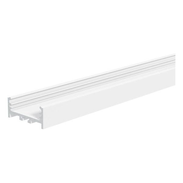 Ein weißes, längliches Aluminiumprofil, das zur Befestigung von LED-Streifen dient. Es zeigt Nut und Rand zur einfachen Montage.