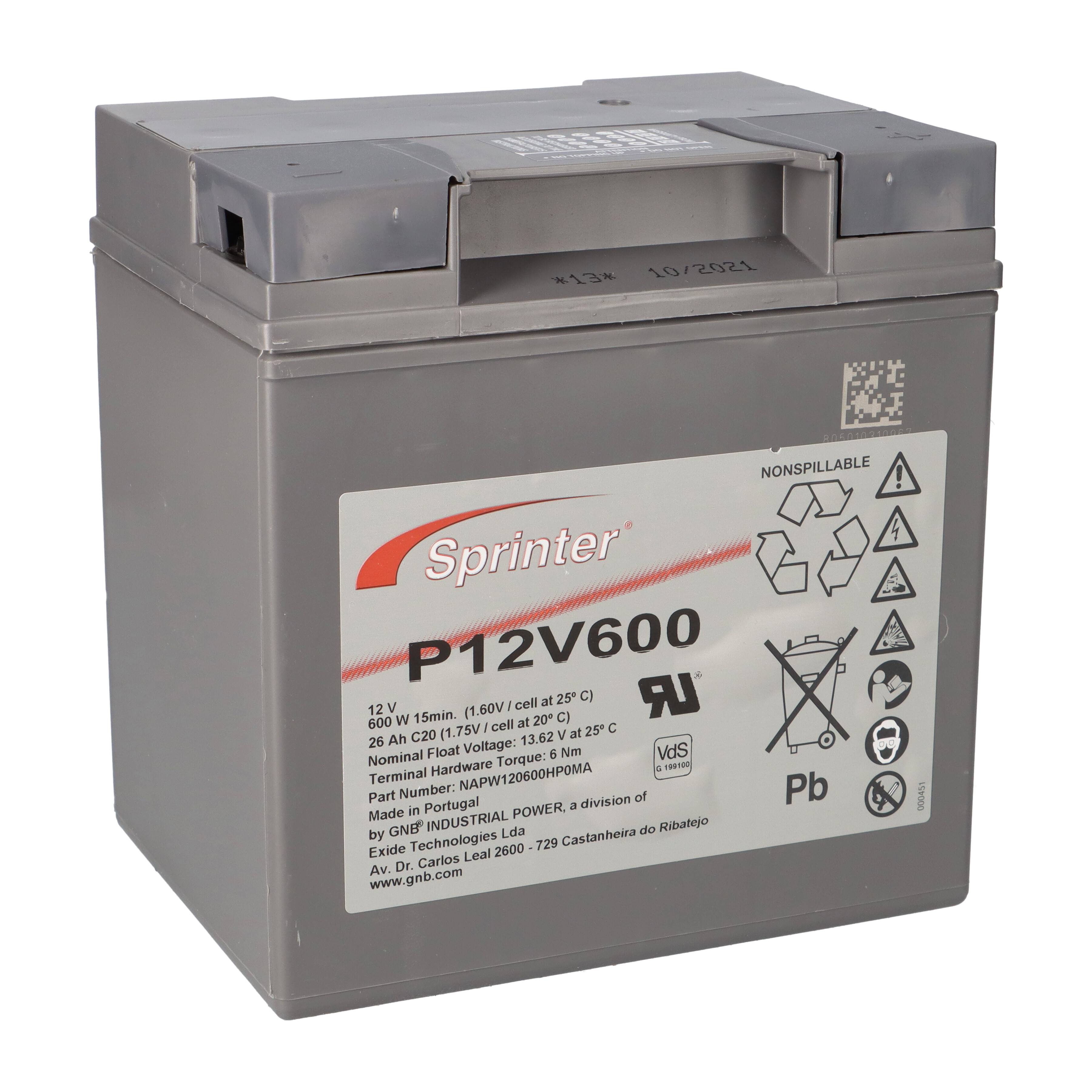 Exide Sprinter P12V600 12V 24Ah Blei-AGM Akku mit VdS
