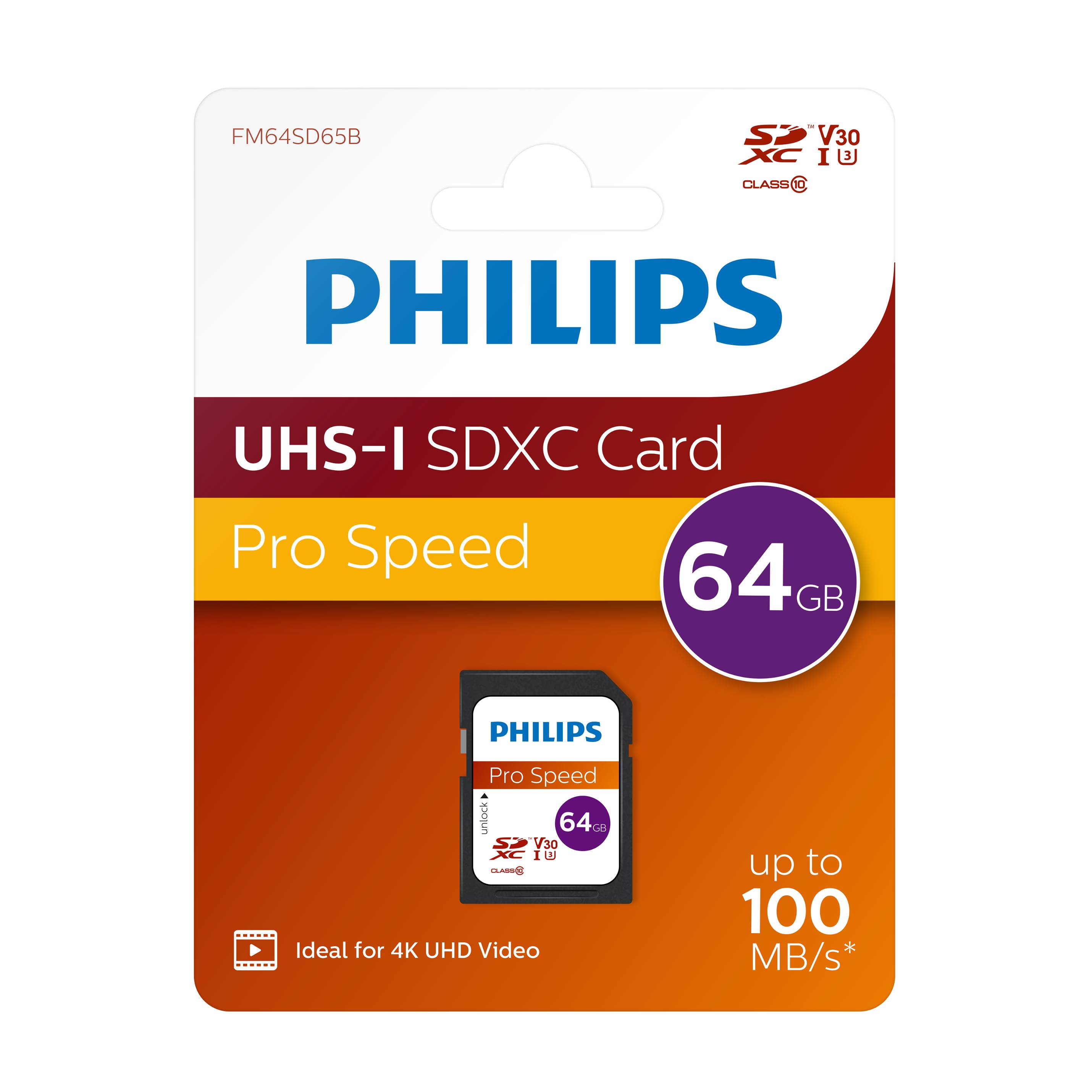 Philips SDXC Card 64 GB Class 10 UHS-I U3 V30 A1 Extended Capacity SD 64 GB