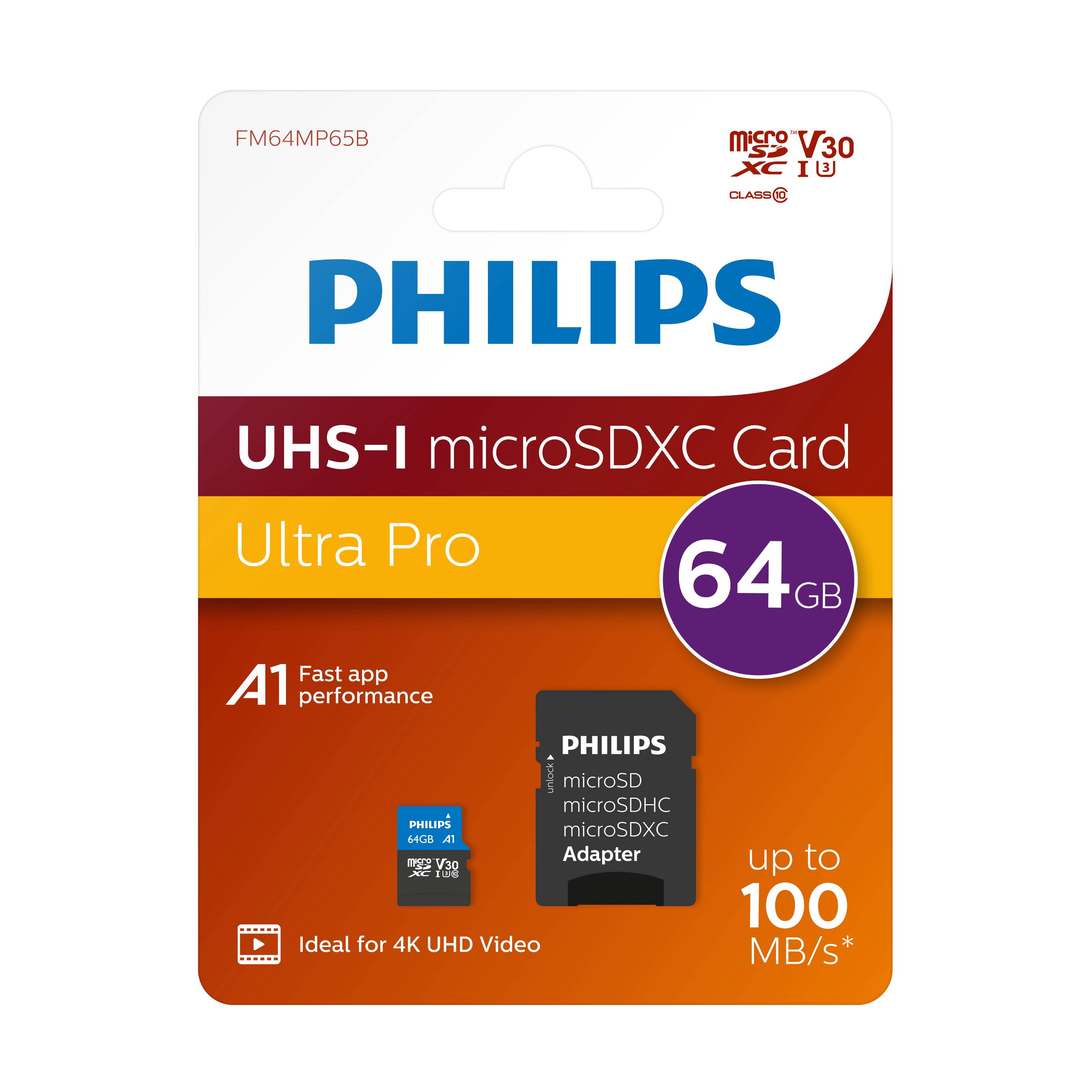 Philips MicroSDXC Card 64 GB Class 10 UHS-I U3 incl. Adapter Extended Capacity SD MicroSDHC 64 GB