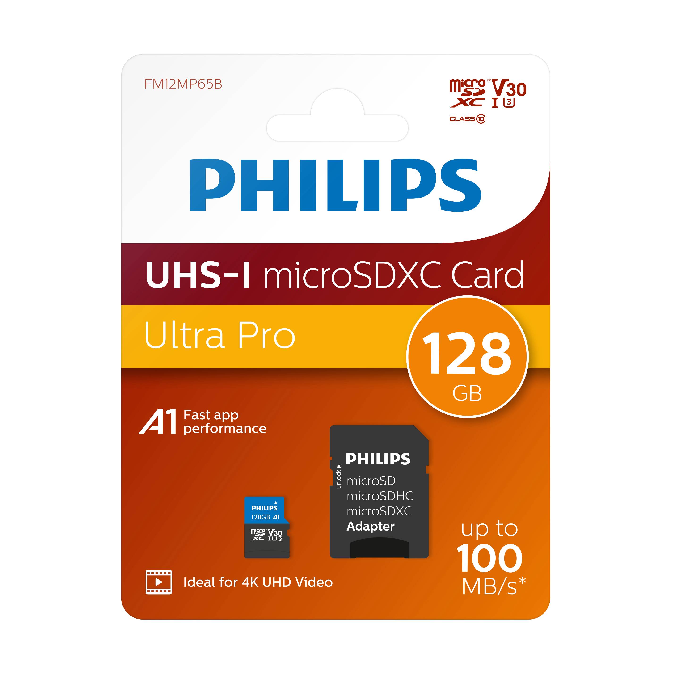 Philips MicroSDXC Card 128 GB Class 10 UHS-I U3 incl. Adapter Extended Capacity SD MicroSDHC 128 GB