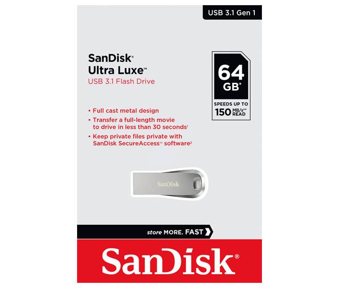 SanDisk USB 3.1 Stick 64GB, Ultra Luxe Typ-A, (R) 150MB/s, SecureAccess, Retail-Blister