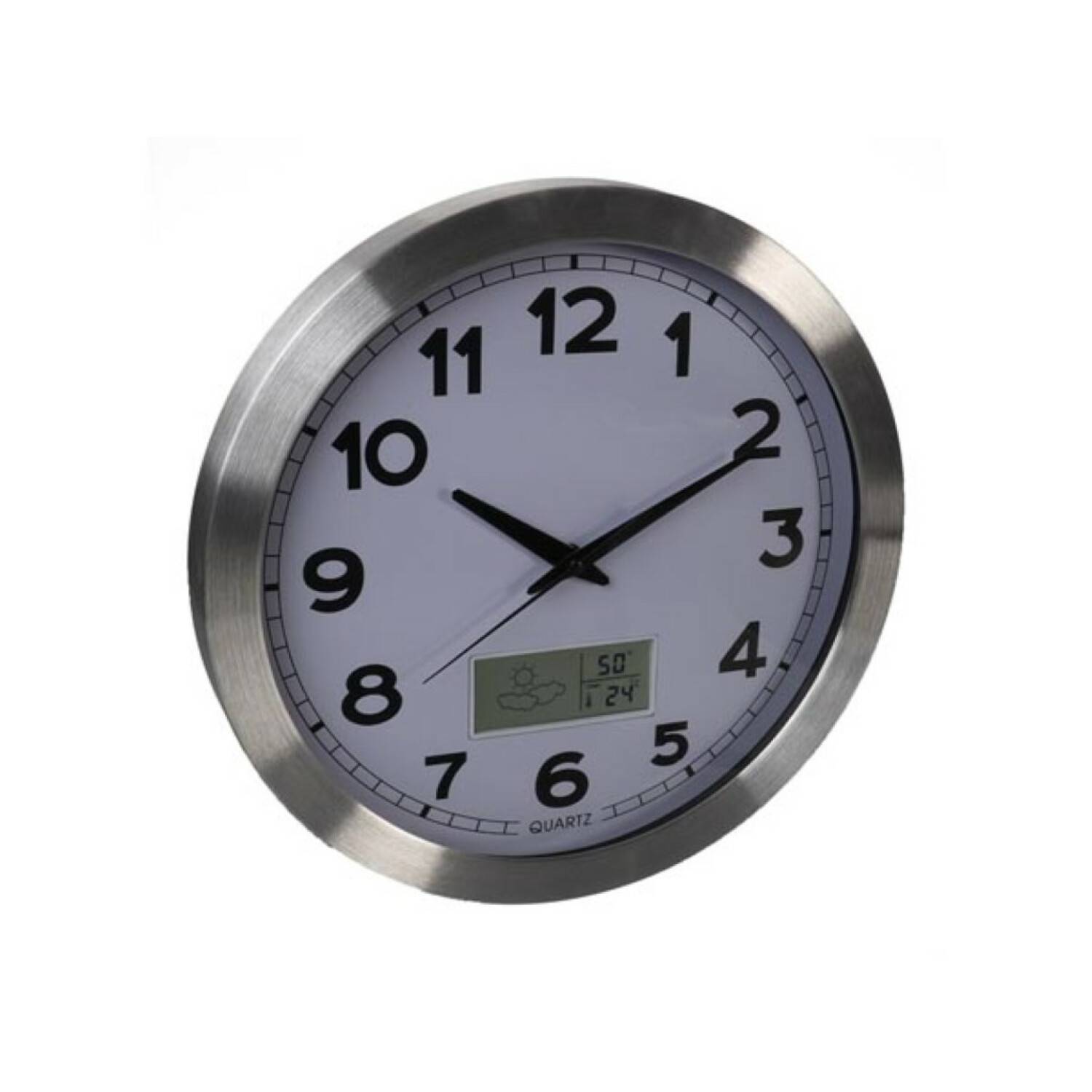 Aluminium-wanduhr mit lcd, thermometer, hygrometer & wettervorhersage ø 35 cm