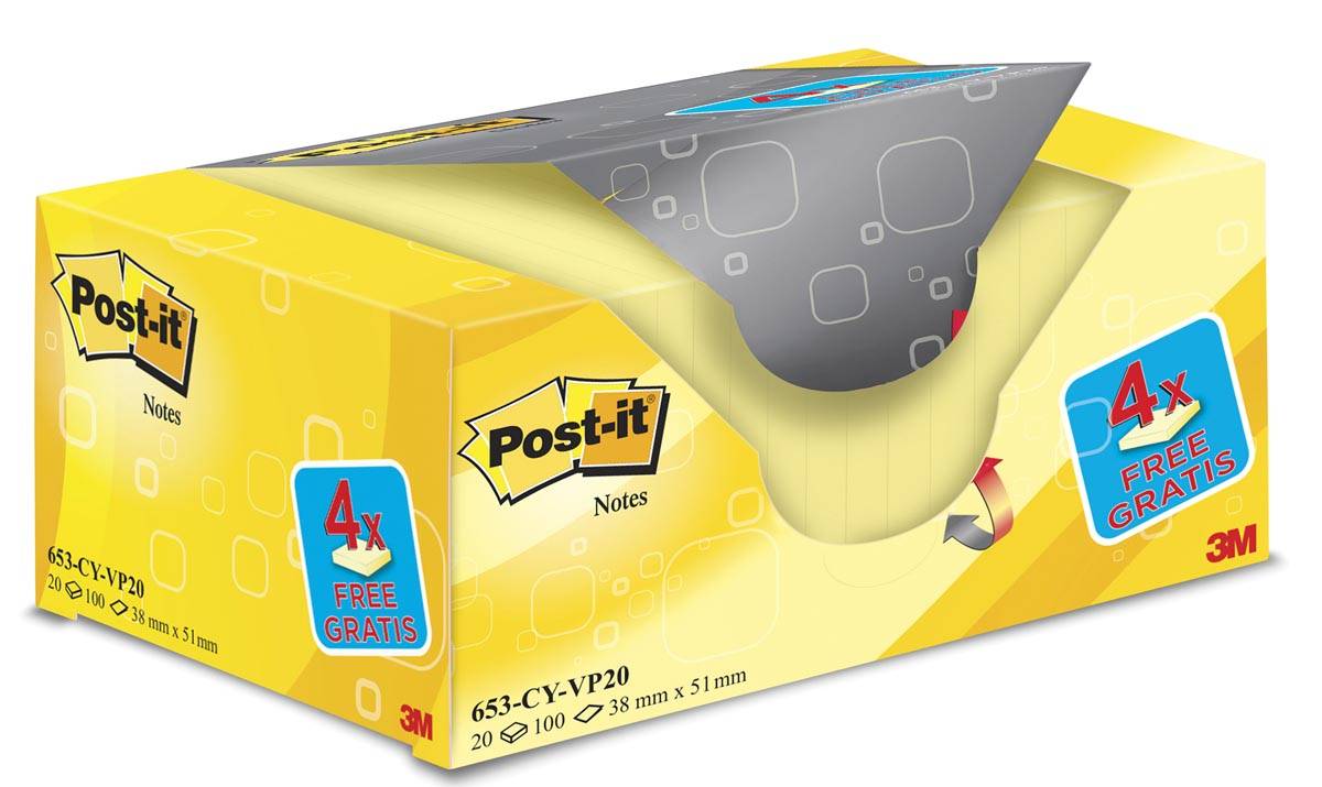 16 + 4 GRATIS! 20 Blöcke Post-it® Haftnotizen 51 x 38 mm gelb