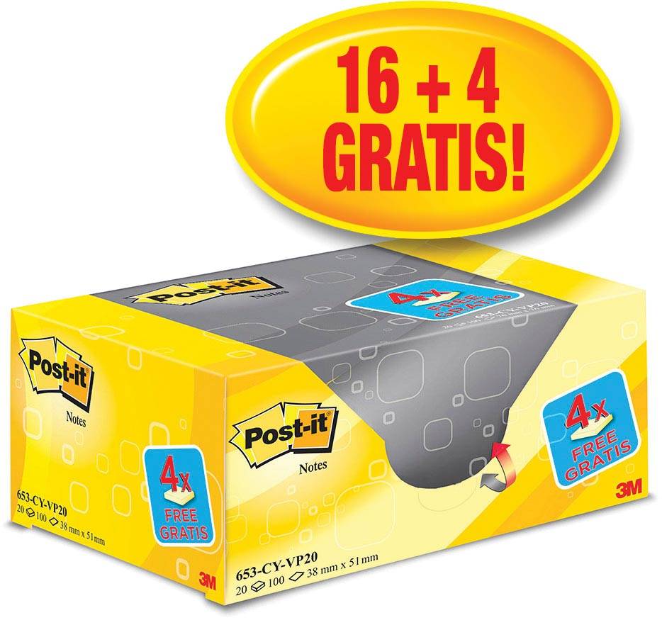 3M 16+ 4 GRATIS Post-it Notes Haftnotizen gelb 16 Blöcke+ GRATIS 4