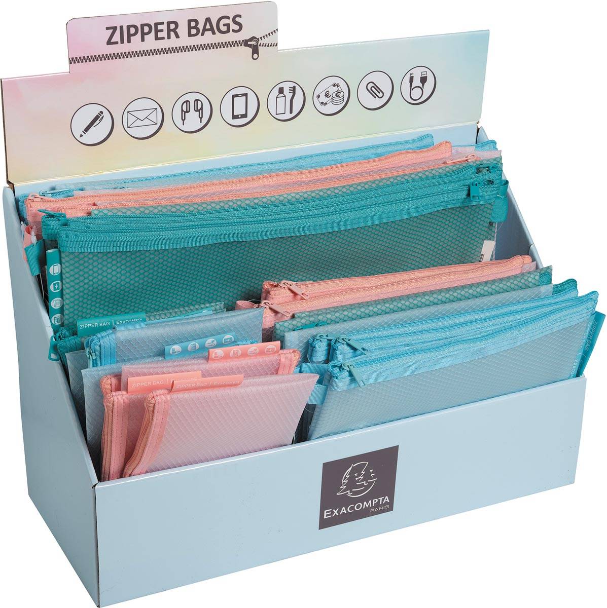 Exacompta 37110E Display mit 36 Hüllen mit Reißverschluss, A4-A5-A6, Chromaline Pastell - Farben sortiert