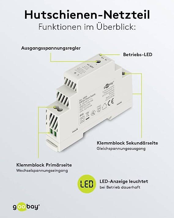 Goobay 59574 Hutschienen Netzteil 5V / 2,4A / 12W Trafo DIN Rail Hutschienennetzteil 1x Ausgang Türsprechanlage