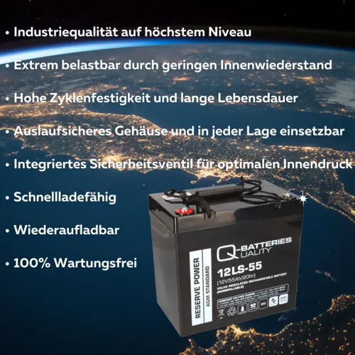 Q-Batteries 12LS-55 / 12V - 55Ah Blei Akku Standard-Typ AGM VRLA 10 Jahres Typ Q-Batteries 12LS-55 / 12V - 55Ah Blei Akku Standard-Typ AGM VRLA 10 Jahres Typ
