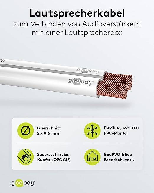 goobay Lautsprecherkabel CU 2 x 0,5 mm weiß 10 m Rolle