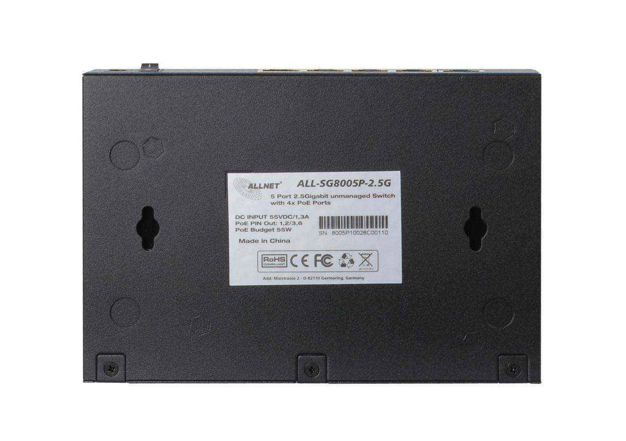 Allnet Switch 5 Port 10/100/1000TX 5x 2.5GbE PoE Budget 55W 5x PoE at Lüfterlos ALL-SG8005P-2.5G