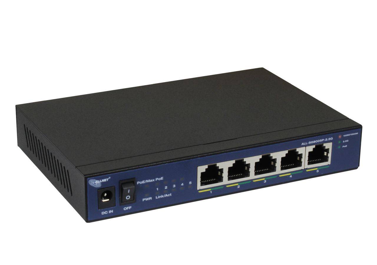 Allnet Switch 5 Port 10/100/1000TX 5x 2.5GbE PoE Budget 55W 5x PoE at Lüfterlos ALL-SG8005P-2.5G