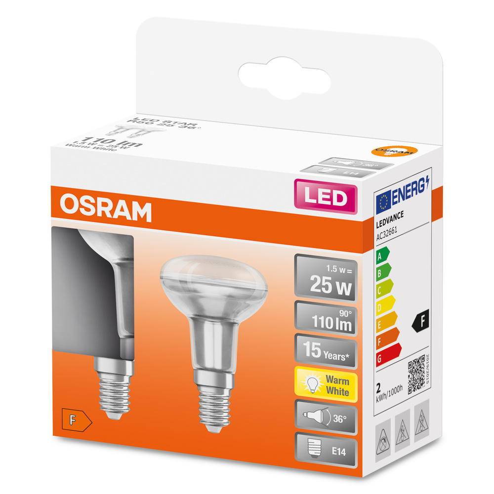 Osram LED Lampe ersetzt 25W E14 Reflektor - R50 in Transparent 1,5W 110lm 2700K 2er Pack