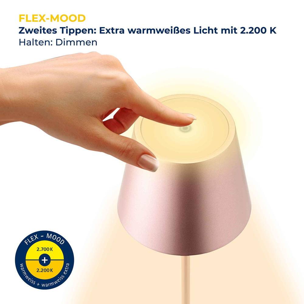 LED Akku-Tischleuchte Nuindie aus Aluminiumdruckguss in Roségold IP54