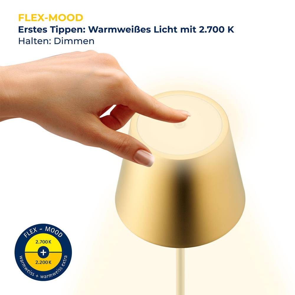 LED Akku-Tischleuchte Nuindie Mini aus Aluminiumdruckguss in Gold IP54