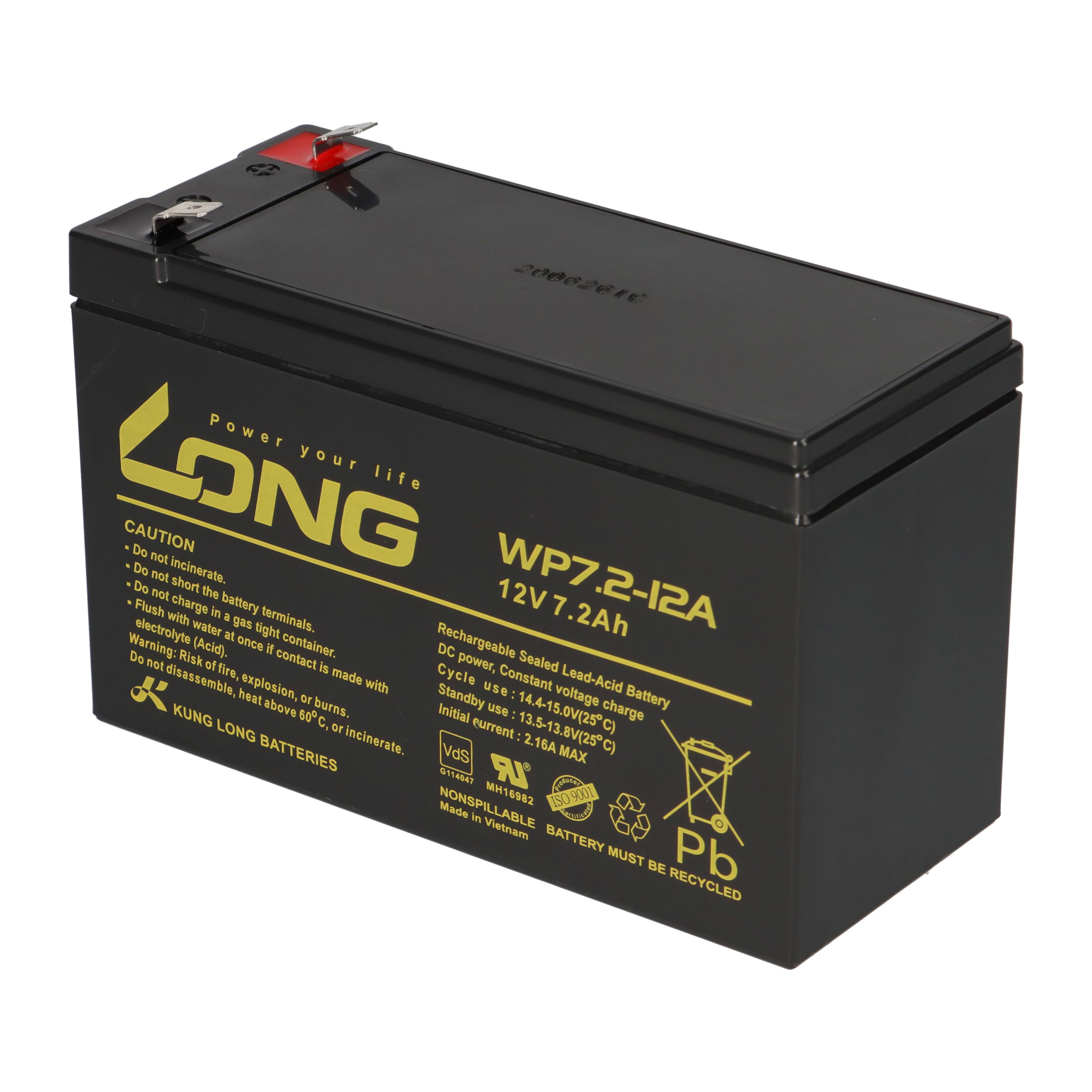1x Kung Long WP7,2-12A F2 AGM Akku 12V 7,2Ah – Faston 6,3 mm