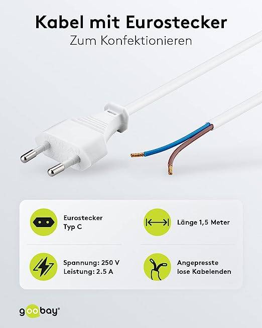 Goobay 51345 Netzkabel 2 polig / Eurostecker CEE 7/16 & offene Enden / Stromkabel Aderendhülsen Eurokabel / Weiß / 1,5m