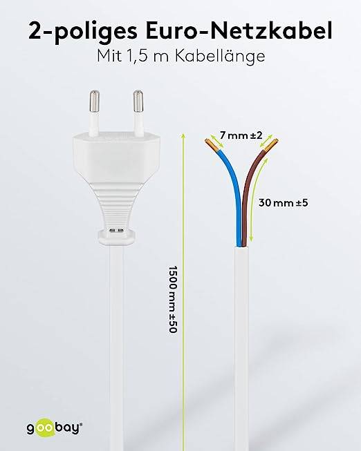 Goobay 51345 Netzkabel 2 polig / Eurostecker CEE 7/16 & offene Enden / Stromkabel Aderendhülsen Eurokabel / Weiß / 1,5m