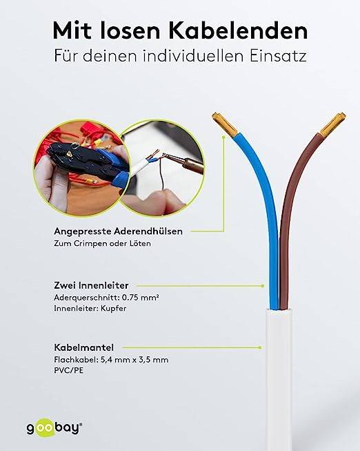 Goobay 51345 Netzkabel 2 polig / Eurostecker CEE 7/16 & offene Enden / Stromkabel Aderendhülsen Eurokabel / Weiß / 1,5m