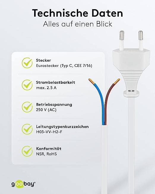 Goobay 51345 Netzkabel 2 polig / Eurostecker CEE 7/16 & offene Enden / Stromkabel Aderendhülsen Eurokabel / Weiß / 1,5m
