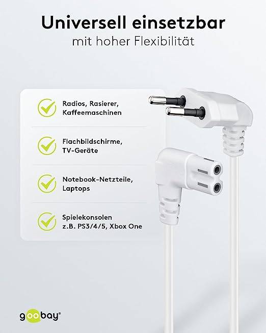 Goobay 97350 Netzkabel 90 Grad abgewinkelt / Eurostecker & C7 Buchse / Universell Stromkabel Eurokabel / Weiß / 2m