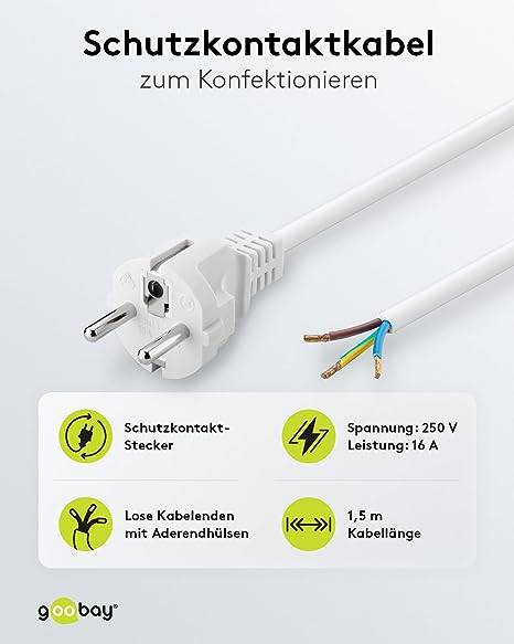 Goobay 51328 Netzkabel mit Schutzkontaktstecker & offenen Enden / Stromkabel Aderendhülsen Kabel / Weiß / 1,5m