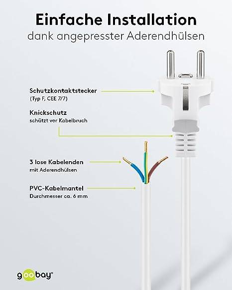 Goobay 51328 Netzkabel mit Schutzkontaktstecker & offenen Enden / Stromkabel Aderendhülsen Kabel / Weiß / 1,5m