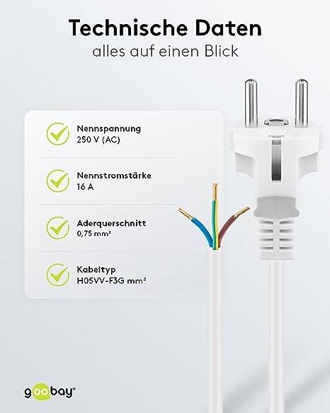 Goobay 51328 Netzkabel mit Schutzkontaktstecker & offenen Enden / Stromkabel Aderendhülsen Kabel / Weiß / 1,5m