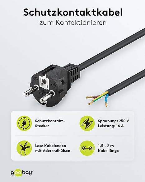 Goobay 51327 Netzkabel mit Schutzkontaktstecker & offenen Enden / Stromkabel Aderendhülsen Kabel / Schwarz / 1,5m