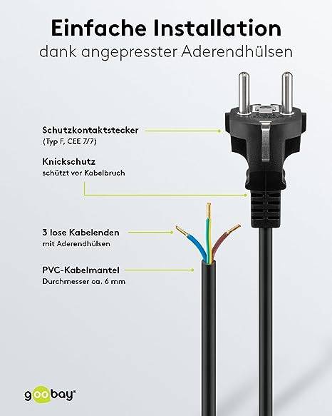Goobay 51327 Netzkabel mit Schutzkontaktstecker & offenen Enden / Stromkabel Aderendhülsen Kabel / Schwarz / 1,5m