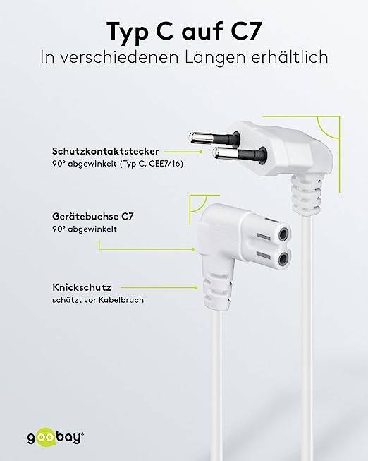 Goobay Powerkabel vinkel 8-talsstik 1.5m Hvid - Kabel - Strom/Netzteil1,5 m -