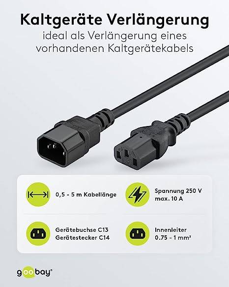 Goobay 95125 Kaltgerätekabel mit C14 Stecker & C13 Buchse Universelle Stromkabel Verlängerung Netzkabel, Schwarz, 1 m