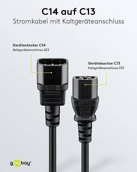 Goobay 95125 Kaltgerätekabel mit C14 Stecker & C13 Buchse Universelle Stromkabel Verlängerung Netzkabel, Schwarz, 1 m