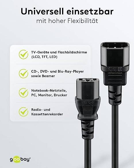 Goobay 95125 Kaltgerätekabel mit C14 Stecker & C13 Buchse Universelle Stromkabel Verlängerung Netzkabel, Schwarz, 1 m