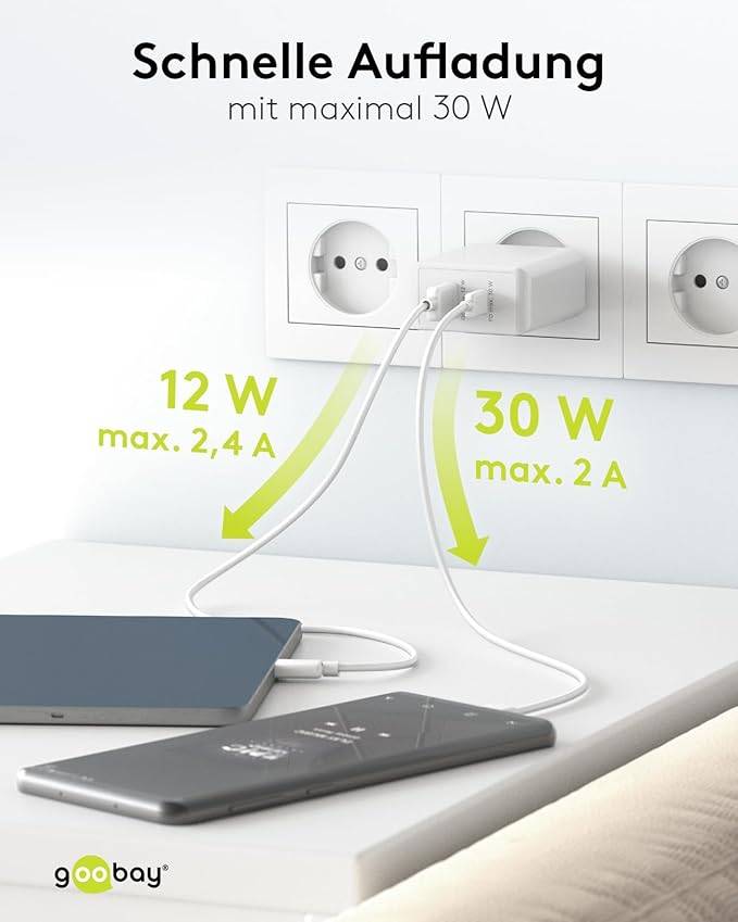 Goobay 61674 Dual Port USB Netzteil 30W / Schnellladegerät PD & QC / USB-A & USB-C Adapter / USB Charger Ladegerät Weiß