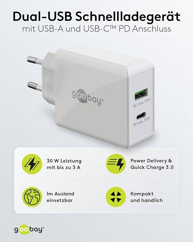 Goobay 61674 Dual Port USB Netzteil 30W / Schnellladegerät PD & QC / USB-A & USB-C Adapter / USB Charger Ladegerät Weiß