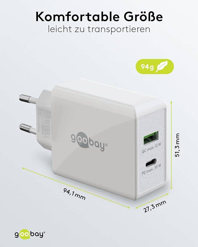 Goobay 61674 Dual Port USB Netzteil 30W / Schnellladegerät PD & QC / USB-A & USB-C Adapter / USB Charger Ladegerät Weiß