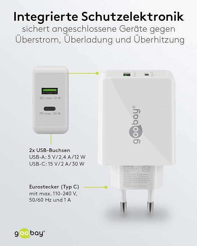 Goobay 61674 Dual Port USB Netzteil 30W / Schnellladegerät PD & QC / USB-A & USB-C Adapter / USB Charger Ladegerät Weiß