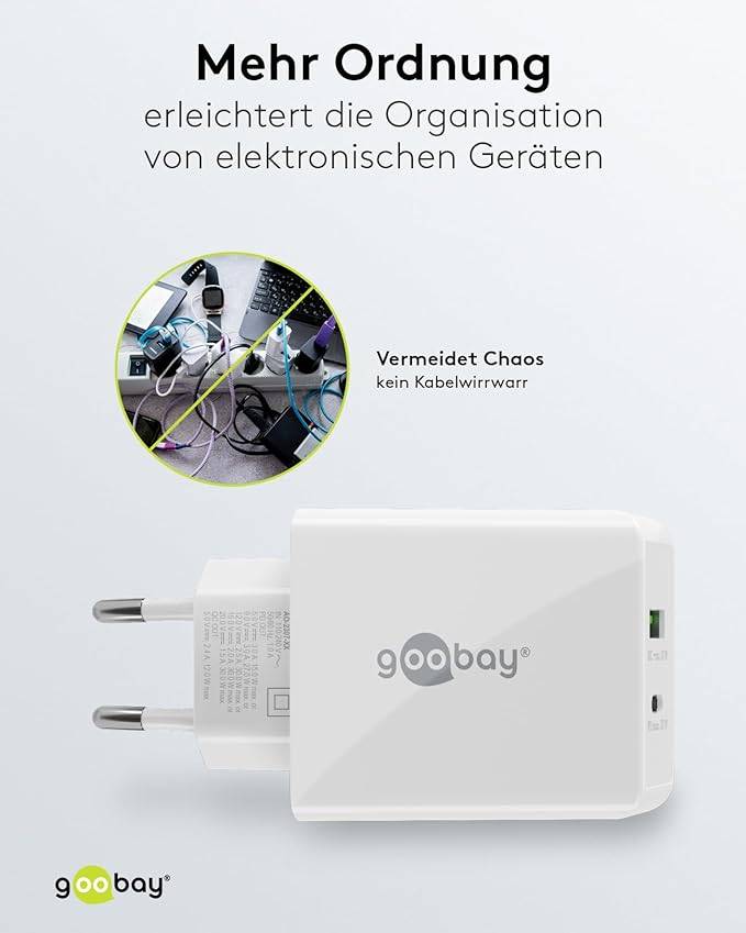Goobay 61674 Dual Port USB Netzteil 30W / Schnellladegerät PD & QC / USB-A & USB-C Adapter / USB Charger Ladegerät Weiß