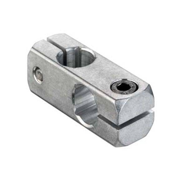 Ein silberner Metallverbinder mit zylindrischer Form und mehreren Löchern zur Befestigung. Geeignet für industrielle Anwendungen.