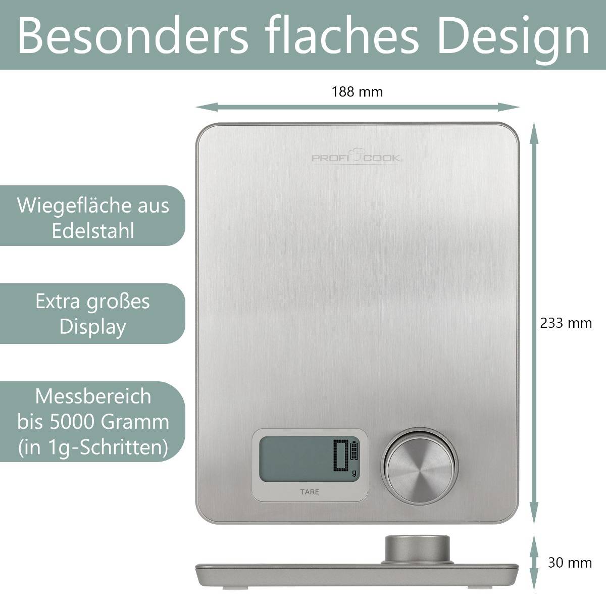 ProfiCook Kinetische Küchenwaage PC-KW 1263, LCD-Display, Edelstahl