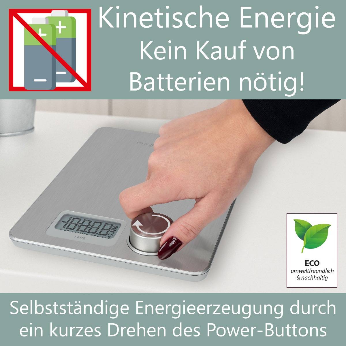 ProfiCook Kinetische Küchenwaage PC-KW 1263, LCD-Display, Edelstahl