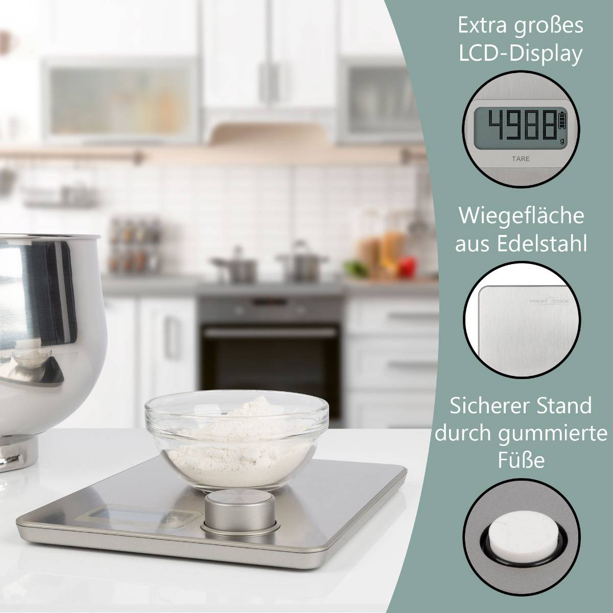 ProfiCook Kinetische Küchenwaage PC-KW 1263, LCD-Display, Edelstahl