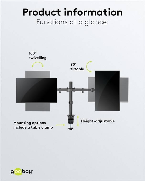 Goobay 58529 Monitorhalterung 2 Monitore 43 cm (17") - 81 cm (32") Tischklemme Monitorarm rotier- & schwenkbar 8 kg