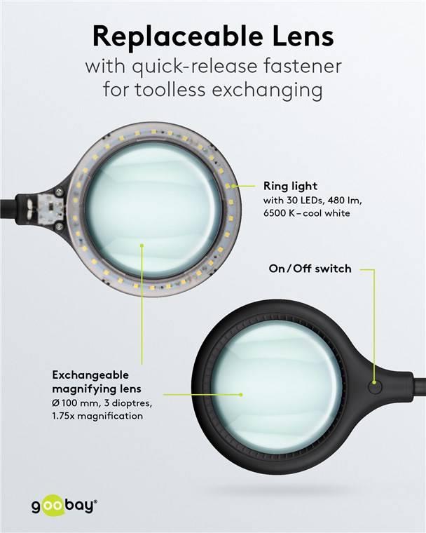 Goobay 64990 LED Lupenleuchte Standfuß & Tischklemme Ø 100mm Echtglas Linse 3 Dioptrien Lupe mit Licht Tischlupe Schwarz